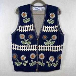 Belle Pointe Vintage Floral Picket Fence Knit Sweater Vest Navy Blue Medium